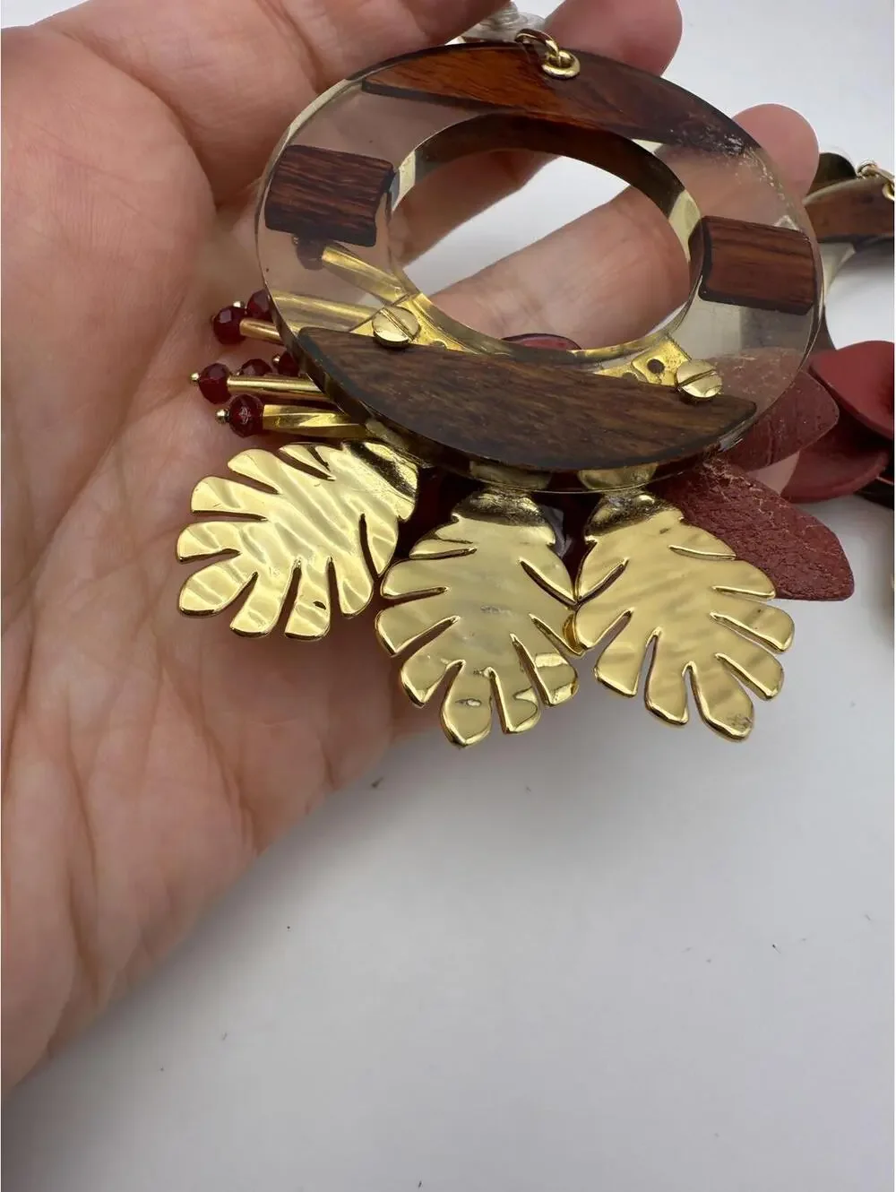 XL Floral Statement Hoop Earrings with Gold Leaf Accents